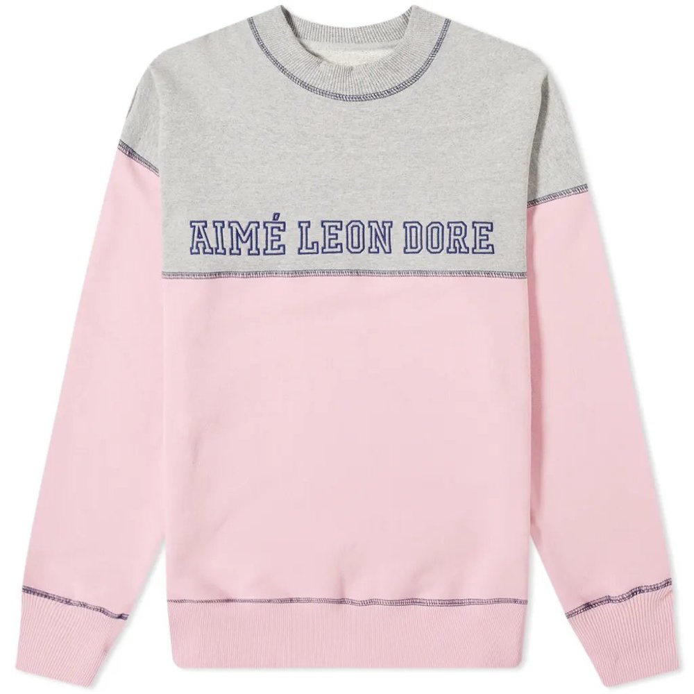AIMÉ LEON DORE 20oz terry cross stitch crew sweat - heather grey & sand pink.